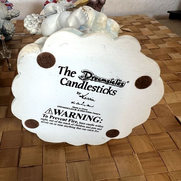 DREAMSICLES 7”Cherubs Candlesticks X2 BY DANBURY MINT Baby Blue w/ Stars Clouds - Picture 11 of 16